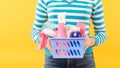 House cleanup cleaning set woman supplies basket Royalty Free Stock Photo