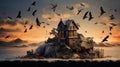 house on a cliff in the sea, black crows flying around. The concept of danger to home and life. AI generated Royalty Free Stock Photo