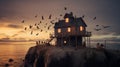 house on a cliff in the sea, black crows flying around. The concept of danger to home and life. AI generated Royalty Free Stock Photo