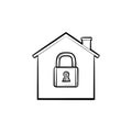 House with closed lock hand drawn outline doodle icon.