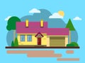 House with cloud, tree, road. Flat Design Urban Landscape. Vector Abstract Illustration. Royalty Free Stock Photo