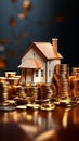 House on coin pile 3D symbolizes prosperity and real estate investment