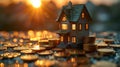 House with coins at sunset - generative ai Royalty Free Stock Photo