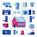 House with connected home security systems. Smart technologies, safety house, control and protection concept. Vector flat isolated Royalty Free Stock Photo