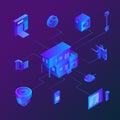 House with connected home security systems. Vector isometric neon gradients illustration. Smart technologies, safety house,