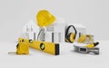 House construction concept. Tools for building work. Architectural models houses, yellow hard hat, meter and spirit level above Royalty Free Stock Photo