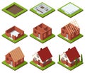 House construction Isometric set stage-by-stage. Visualization of modern building on different building process