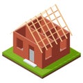 House construction Isometric stage. Visualization of modern building process. Roof installation phase. Wood construction