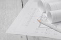 House construction plans and a pencil. Wrapped in a roll. Text space Royalty Free Stock Photo