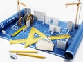 House construction project with rulers, tape measure, pencils and color cartela. 3D illustration Royalty Free Stock Photo