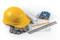 House construction project - tools and equipment on blueprints Royalty Free Stock Photo