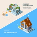 House construction. Repair roof renovation building vector isometric picture for banners Royalty Free Stock Photo