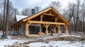 House Construction Site In Winter. New Home Build With Timber Frame And Foundation Royalty Free Stock Photo