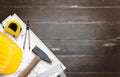 House construction tools on wooden table with free space for text Royalty Free Stock Photo