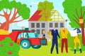 House construction, vector illustration. Builder worker man character work with cartoon equipment at home site. Male