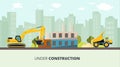 House construction vector illustration. Building process on city