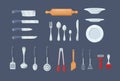 House cookware utensils for cooking. Set of kitchen knives, cutlery forks, spoons, set of ladles, potholders, tongs, spatulas