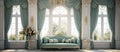 House with a couch, curtains, and chandelier in the living room Royalty Free Stock Photo