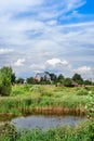 House in the countryside by the lake with dots in the water.