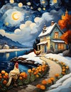 A house with countryside and pathway, starry sky, clouds, majestic chicken stands poised in the foreground, flower, lake, nature
