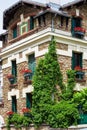 House covered by ivy with geraniums fill boxes, Montmartre, Paris