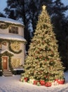 House covered in snow decorated for christmas with a big christmas tree in front