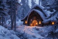 A house covered in snow stands in the midst of a dense forest during winter, A cozy cabin nestled in a snowy forest with a warm