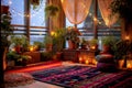 House with cozy boho ethnic interior in living room at night, pillows, cushions, green plants in a flower pot, couch or