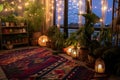 House with cozy boho ethnic interior in living room at night, pillows, cushions, green plants in a flower pot, couch or