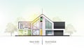 House in cross-section. Modern house, villa, cottage, townhouse with shadows. Architectural visualization of a three Royalty Free Stock Photo