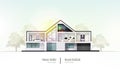 House in cross-section. Modern house, villa, cottage, townhouse with shadows. Architectural visualization of a three