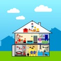 House in cut. Detailed modern house interior. Rooms with furniture. Flat style vector illustration. Royalty Free Stock Photo