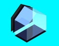 House, in 3D three-dimensional perspective, with transparent elements, shadows and blue background. Royalty Free Stock Photo