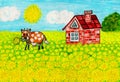 House with dandelions, painting