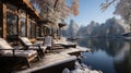 A house with a deck and a lake in the snow. Generative AI. Royalty Free Stock Photo