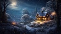 House decorated for Christmas in winter forest at night, landscape with lights, moon, snow and trees. Lone hut in snowy woods. Royalty Free Stock Photo