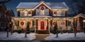 house decorated with Christmas wreaths and lights,entrance to the house, Christmas house at night decorated with Christmas tree Royalty Free Stock Photo