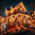 House decorated with garland lights, snowman in yard for the holidays. Royalty Free Stock Photo