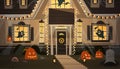 House Decorated For Halloween Home Building Front View With Different Pumpkins, Bats Holiday Celebration Concept