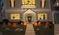 House Decorated For Halloween Home Building Front View With Different Pumpkins, Bats Holiday Celebration Concept
