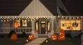 House Decorated For Halloween Home Building Front View With Different Pumpkins, Bats Holiday Celebration Concept