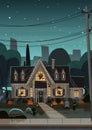 House Decorated For Halloween Home Building Front View With Different Pumpkins, Bats Holiday Celebration Concept