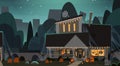 House Decorated For Halloween Home Building Front View With Different Pumpkins, Bats Holiday Celebration Concept