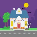 House Decorated For Halloween. Night view. Royalty Free Stock Photo