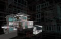 House design concept 3d perspective wire frame with material rendering on black background for abstract bussiness background