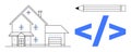House Design Concept with Drawing Tool and Coding Angle Brackets for Modern Development Ideas Royalty Free Stock Photo