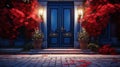House door architecture entrance, home front tree flowers, old building residential, doorway outdoor exterior, brick facade