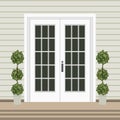 House door front with doorstep and mat, steps, window, lamp, flo