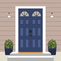 House door front with doorstep and mat, steps, window, lamp, flowers, building entry facade, exterior entrance design illustration