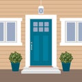 House door front with doorstep and mat, steps, window, lamp, flowers, building entry facade, exterior entrance design illustration